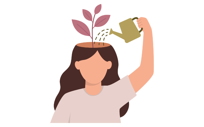 Frau gießt eine Pflanze die aus dem Kopf wächst, Sexualtherapie, Niedernberg bei Aschaffenburg, Elke Maria Becker